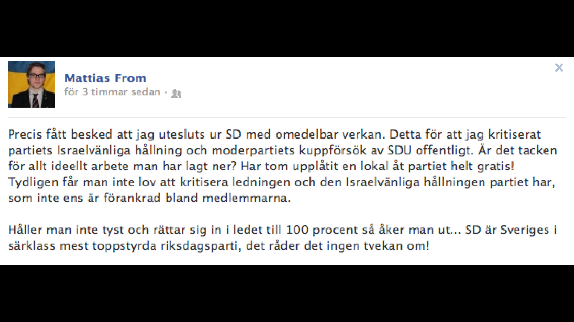  Sionister, SD, Uteslutning, Israel, Mattias From, Sverigedemokraterna, SDU, Martin Kinnunen