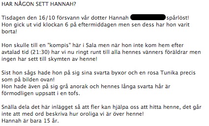 Missing People,  Hannah, Efterlysning, Försvunnen, Facebook
