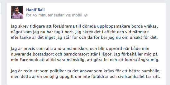 Facebook, Moderaterna, Hanif Bali, Husby, Upplopp