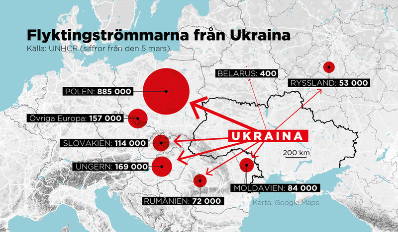 Flyktingströmmarna från Ukraina. Siffror från den 5 mars.