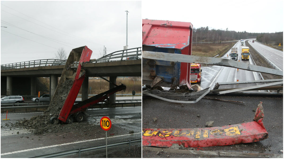 En lastbil med grus fastnade under en bro på E6 vid Onsalamotet på E6.