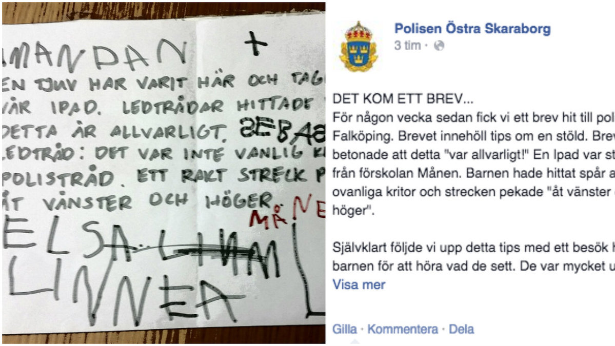 Polisen skriver om brevet på sin Facebooksida.