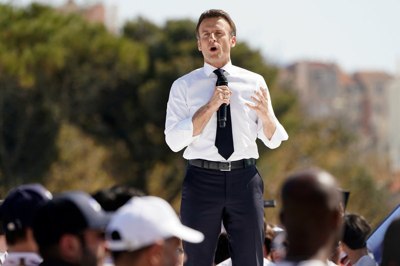 Frankrikes president Emmanuel Macron på ett valmöte i Marseille i förra veckan. Arkivfoto.