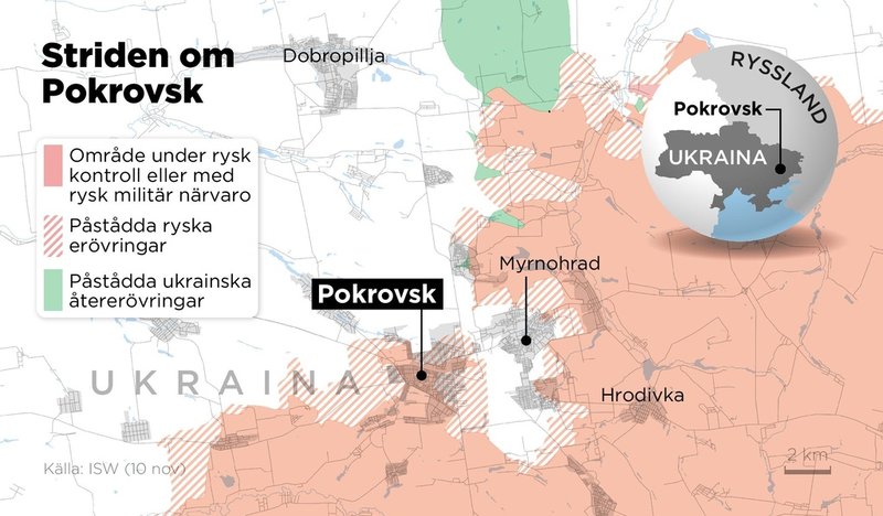 Områden runt Pokrovsk i Ukraina under rysk kontroll eller med rysk militär närvaro den 10 november 2025.