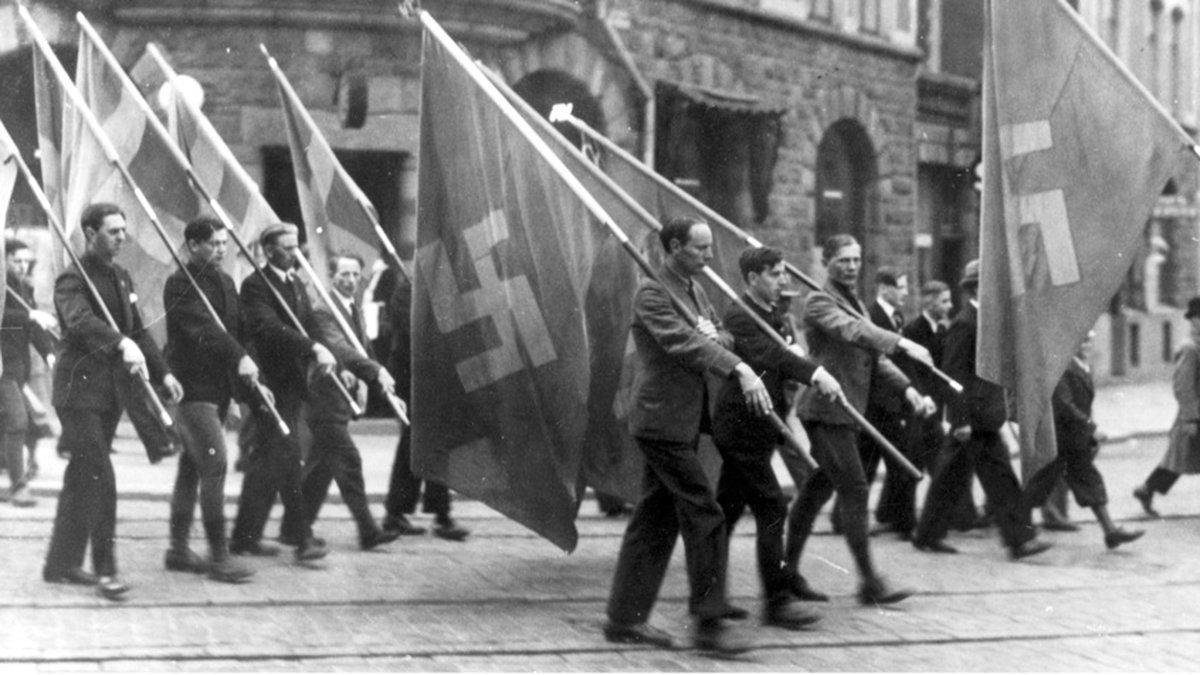 All uppvisning av nazistiska symboler kan komma att förbjudas i Genève i Schweiz. Här svensk nazistmanifestation 1933. Arkivbild.
