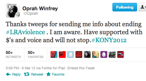 ...Oprah Winfrey skrev på twitter att hon donerat pengar till Invisible Children.