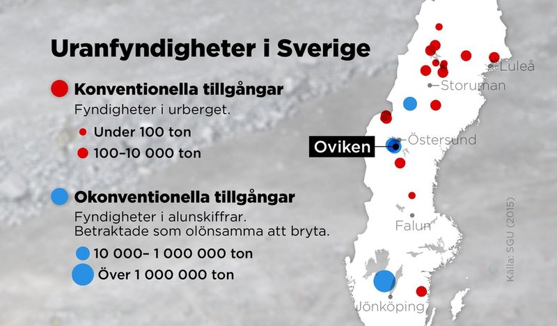 Kartan visar områden med uranfyndigheter i urberget och i alunskiffrar samt var Oviken ligger.