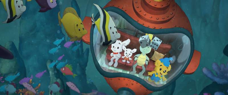 Lille Skutt, Mini-Hopp, Skalman och Bamse på ett äventyr under ytan i "Bamse och havets hemlighet". 