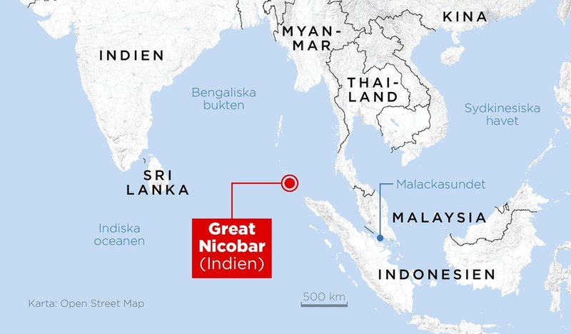 Great Nicobar tillhör Indien och ligger norr om indonesiska Sumatra, vid inloppet till den viktiga farleden Malackasundet.