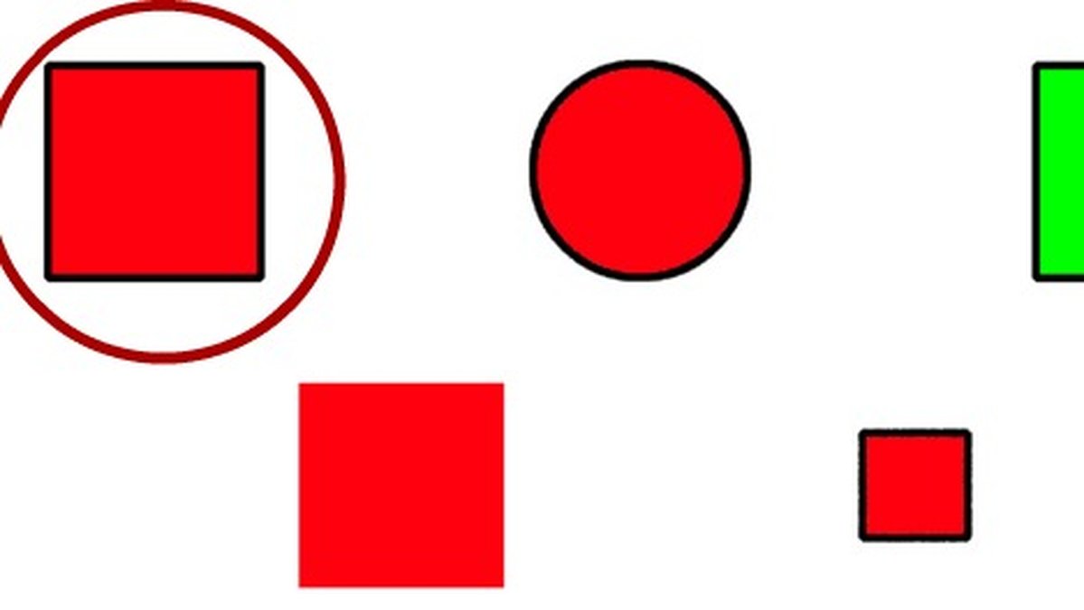 Den symbolen ska bort. Varför? 
Alla utom en är en fyrkant. Alla utom en är röd. Alla utom en har en yttre, svart kant. Alla utom en har samma bredd och höjd. Den större röda fyrkanten med svarta linjer är därför den som ska bort eftersom den inte "står ut" som ensam.