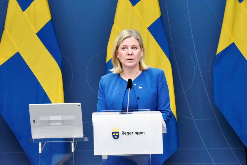 Statsminister Magdalena Andersson (S) vid pressträffen i Rosenbad.