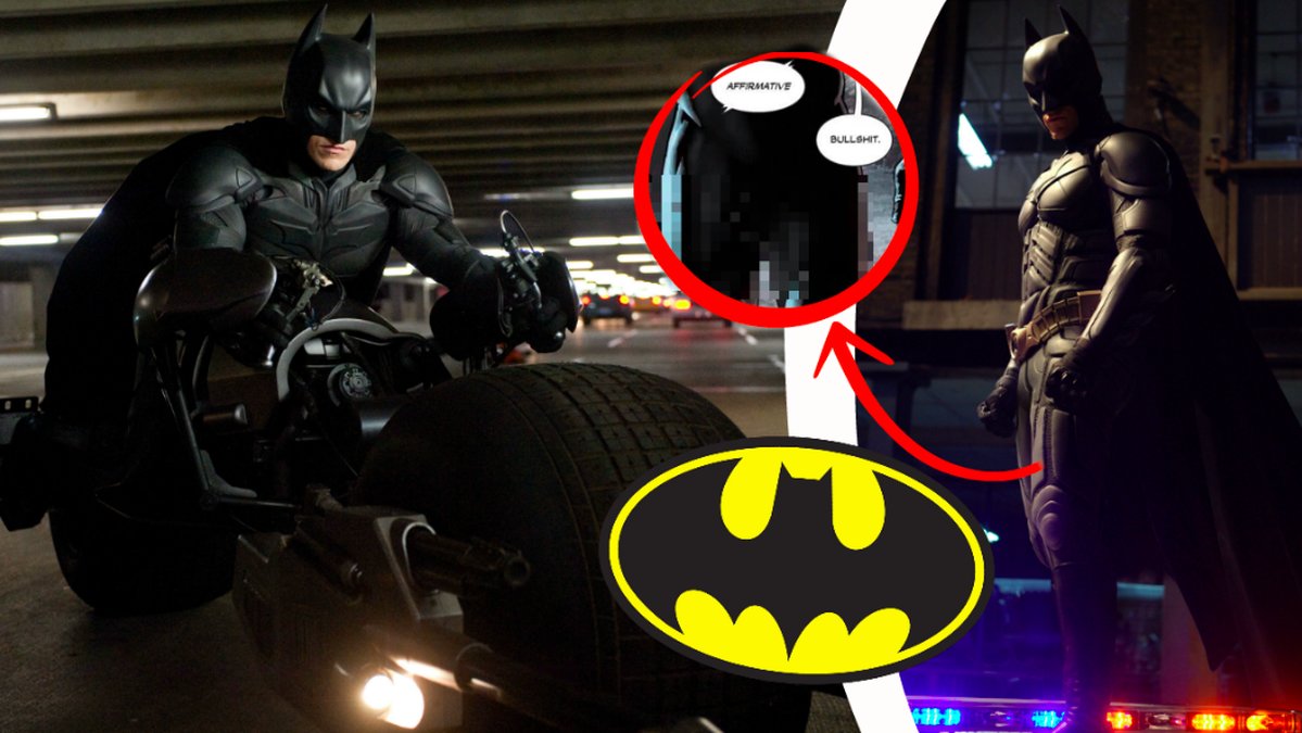 Två bilder på Batman – i mitten en inringad blurrad tecknad penis. 