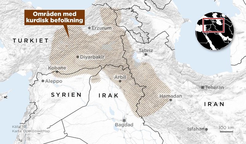 Områden med kurdisk befolkning i Turkiet, Iran, Irak och Syrien.
