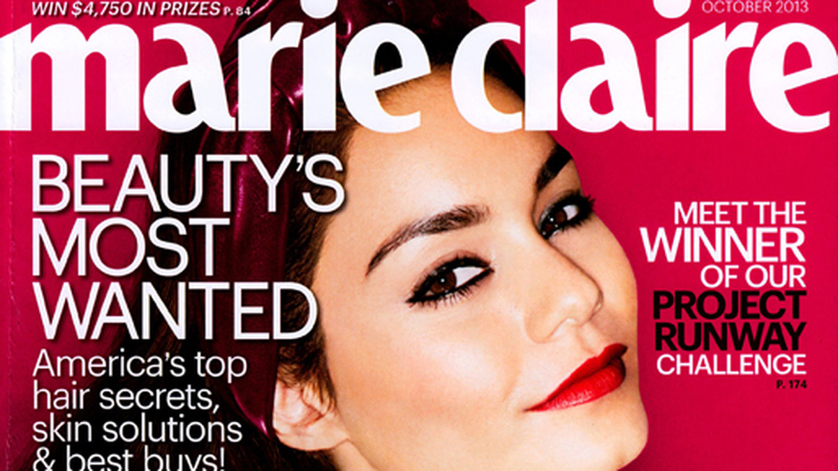 Vanessa Hudgens i vintrigt röda läppar på omslaget till Marie Claire. 