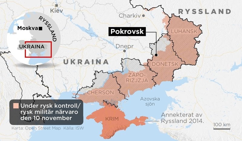 Områden i Ukraina under rysk kontroll eller med rysk militär närvaro den 10 november 2025.