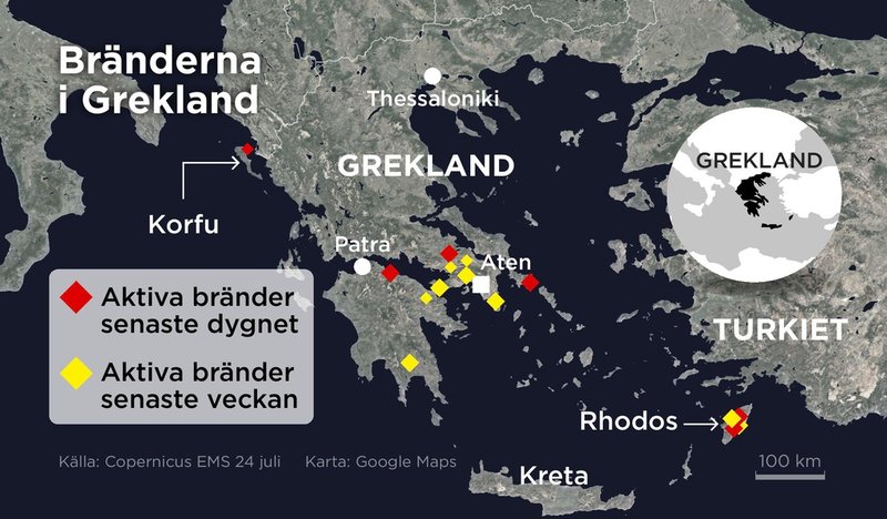 Kartan visar aktiva bränder i Grekland det senaste dygnet samt aktiva bränder den senaste veckan.