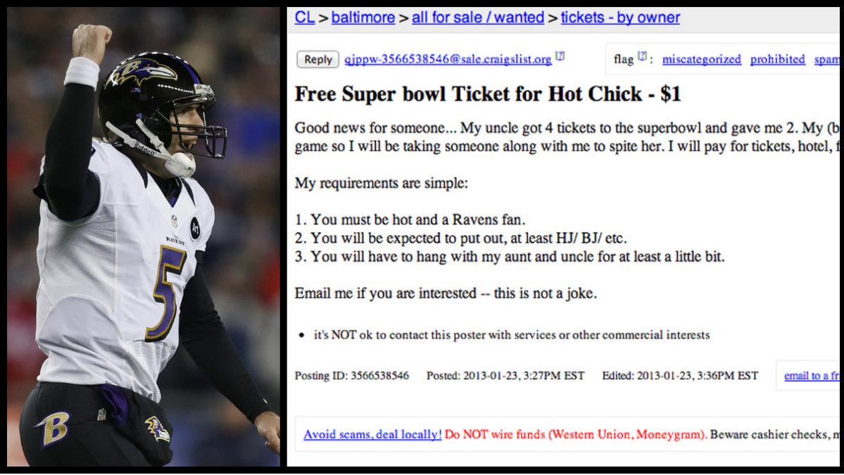 Ravens quarterback Joe Flacco och annonsen från ett av hans fans.