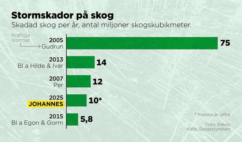Skadad skog per år, antal miljoner skogskubikmeter.