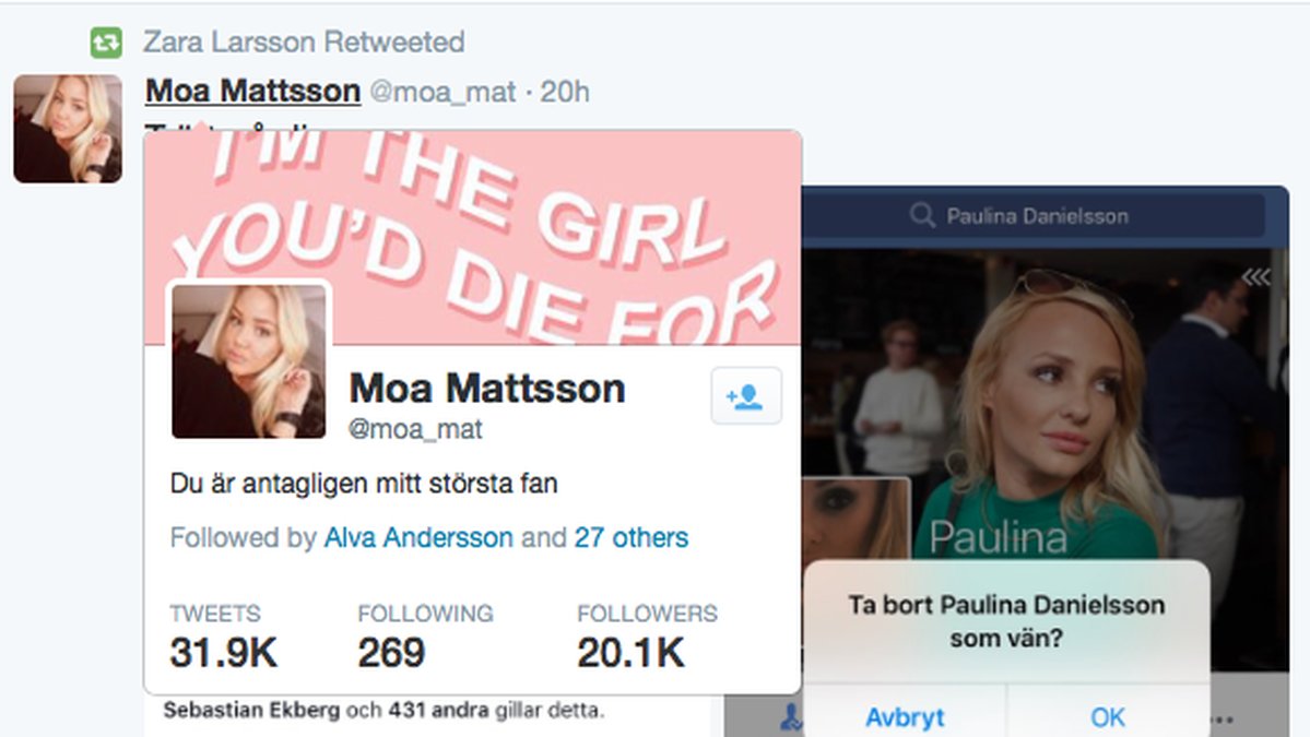 Zara retweetade Moa Mattsson som tog bort Paow som vän. 