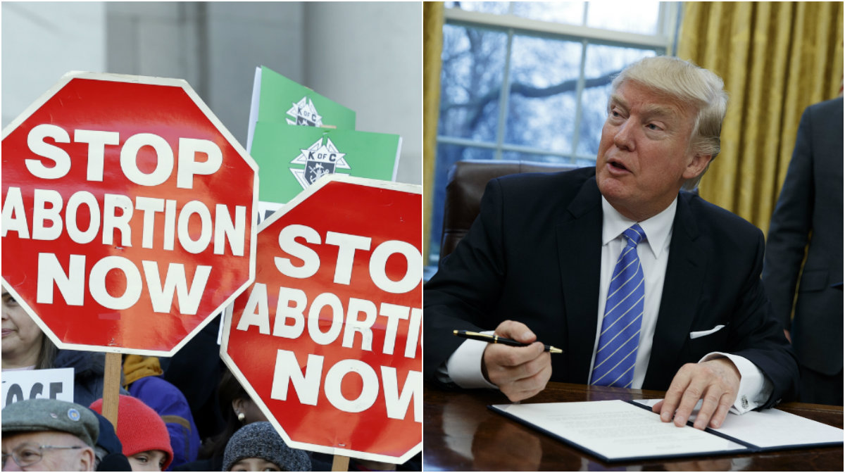 Trump kritiseras för att ha skrivit under en bestämmelse som ska stoppa information och utförande av abort utomlands. 