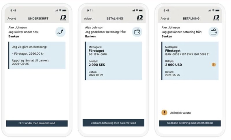På bilderna ser du den gmala designen, den nya och hur det ser ut med en varning. Foto: BankID