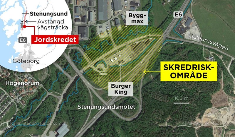 Kartan visar skredriskområdet vid Stenungsundsmotet längs E6:an.