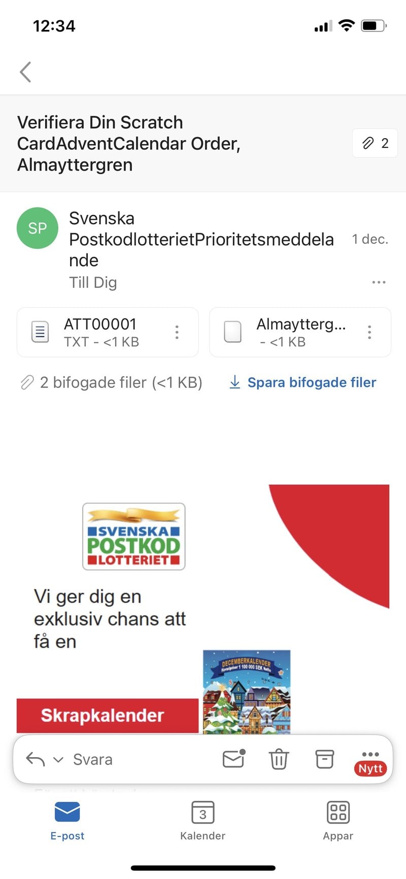 Bluffmejlet från "Postkodlotteriet". 