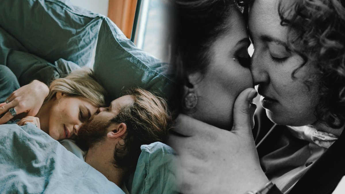 Man och kvinna ligger i en säng, par kysser varandra