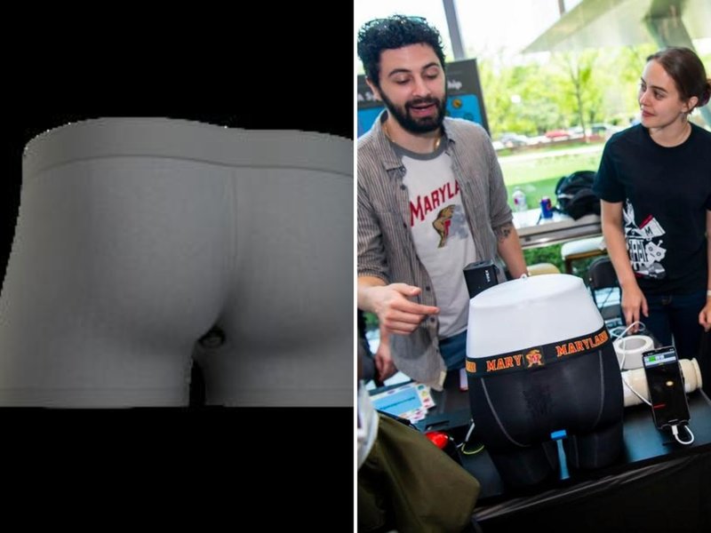 Forskaren Brantley Halls forskargrupp visar en prototyp av underkläder med en sensor som ska mäta vätgas. Pressbild.