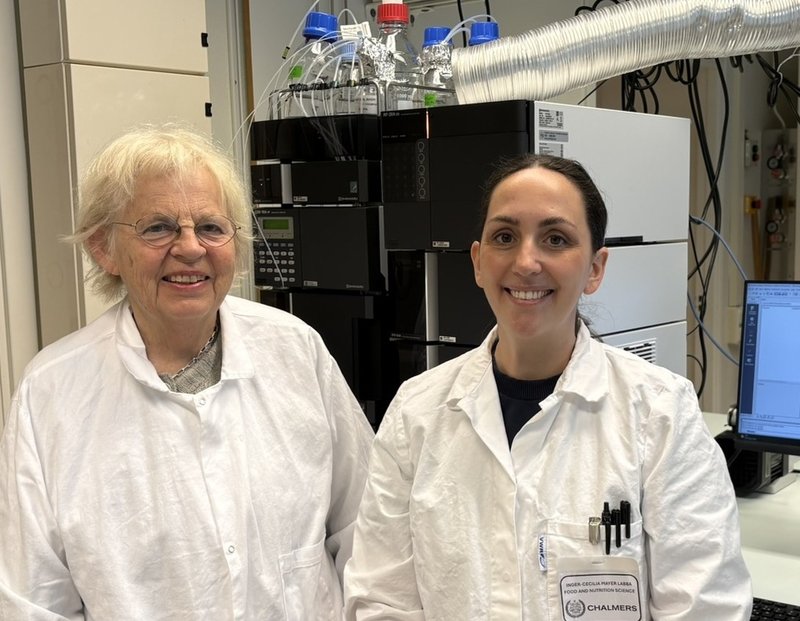 Forskarna Ann-Sofie Sandberg och Inger-Cecilia Mayer Labba vid avdelningen för livsmedelsvetenskap på Chalmers, där man studerar hydrotermiskt behandlad mat. Pressbild. 
