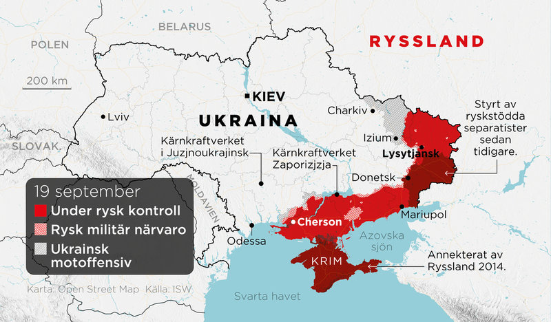 Områden under rysk kontroll, områden med rysk militär närvaro och områden som Ukraina har tagit tillbaka, enligt analyser från den 19 september.