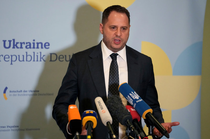 Zelenskyjs stabschef Andrij Jermak vid en pressträff på Ukrainas ambassad i Berlin i början av februari.