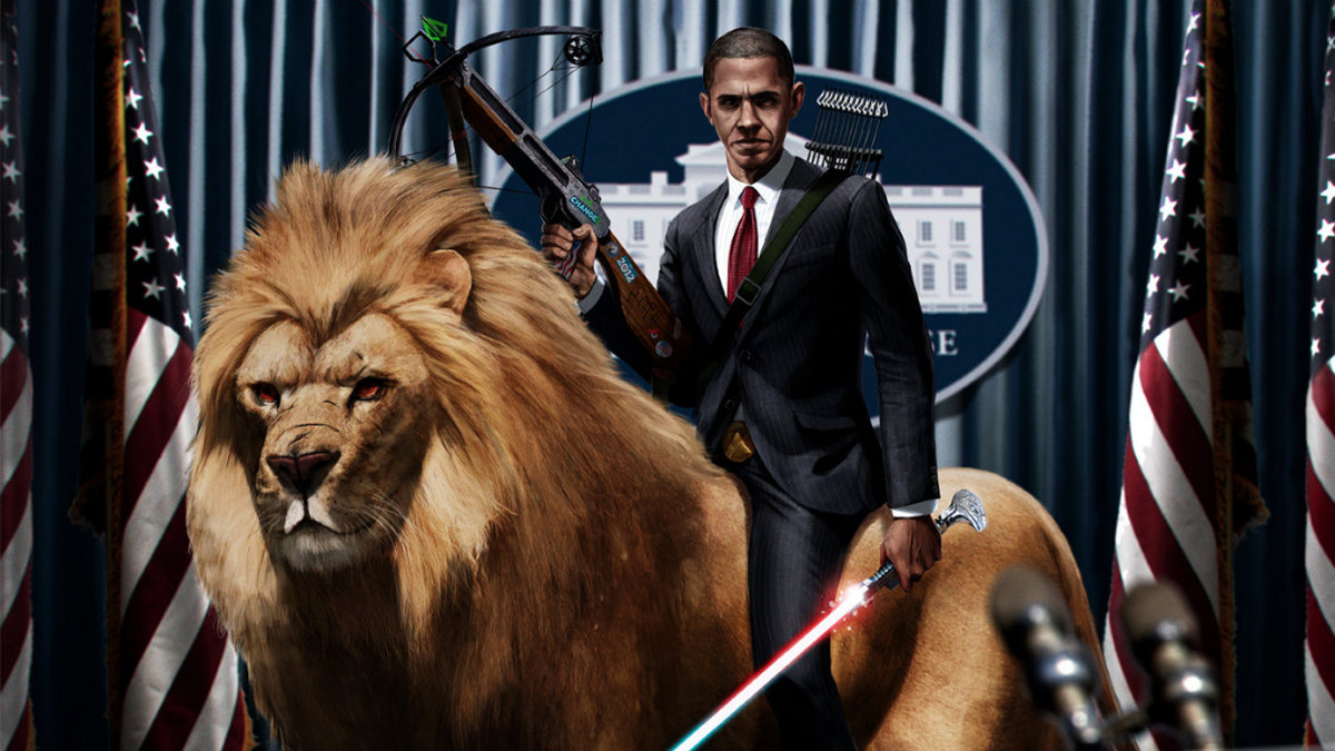 Barack Obama beväpnad med armborst och ljussabel - på ett lejon.
