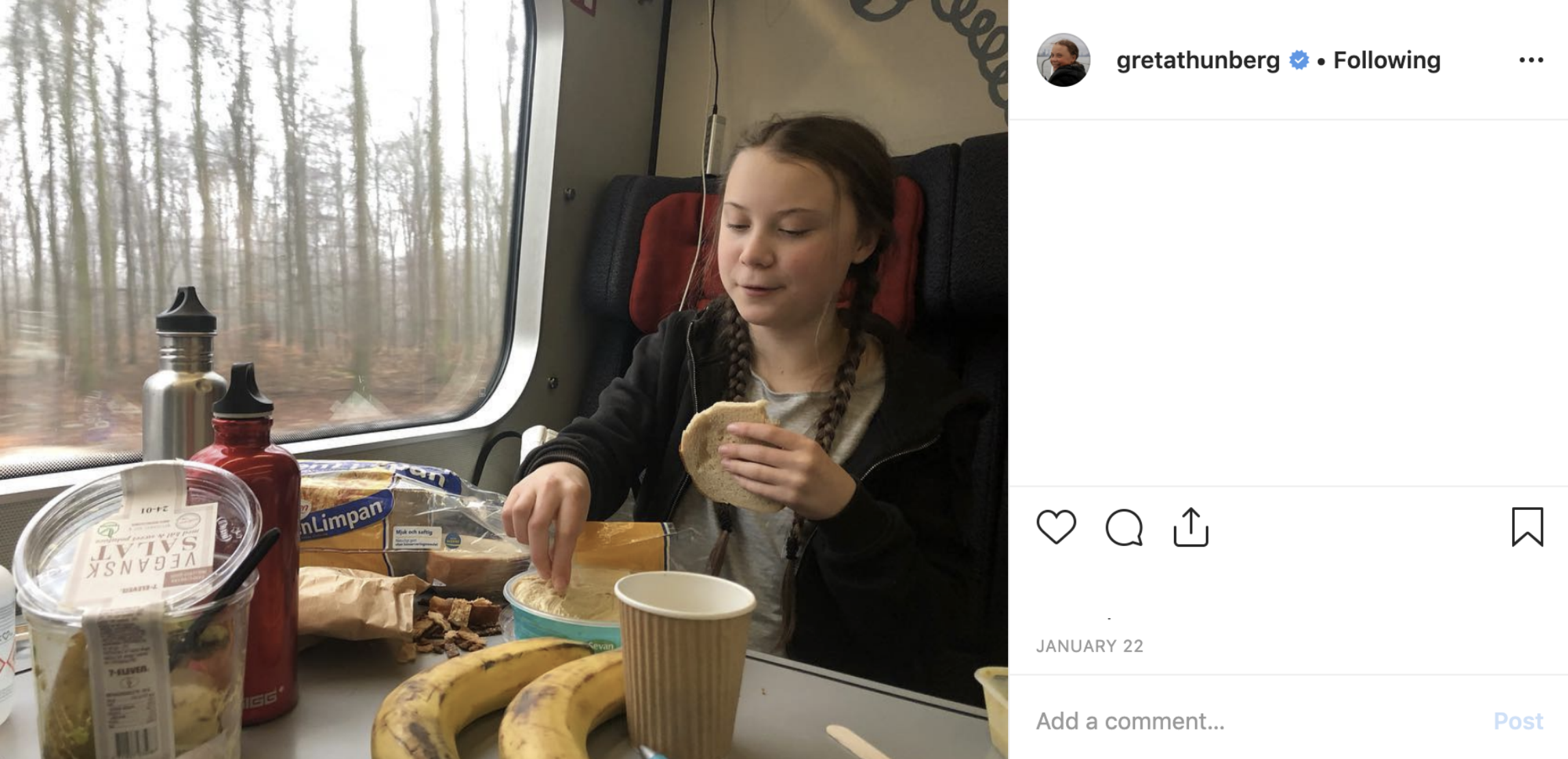 Greta Thunberg äter mellis på tåg. Greta Thunberg äter mellis på tåg.