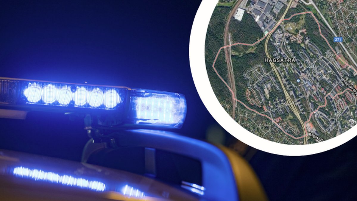 En polisbil med blåljus och en karta över Hagsätra.