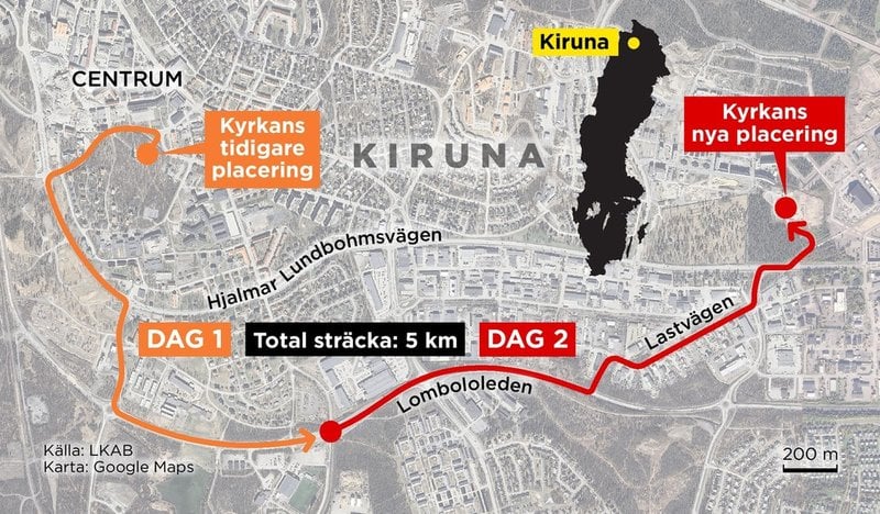 Den fem kilometer långa flytten av Kiruna kyrka beräknas ta två dagar. Kyrkan väger 672 ton och ekipaget kommer att förflytta sig med en hastighet av 500 meter per timme.