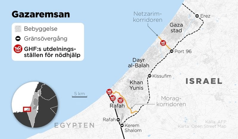 Kartan visar var Gaza Humanitarian Foundations utdelningsställen i Gazaremsan ligger.