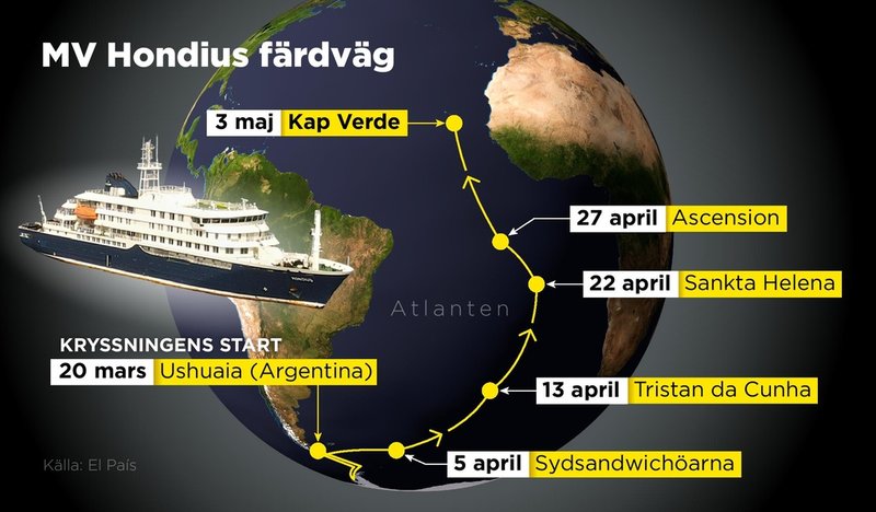 Det virusdrabbade kryssningsfartyget MV Hondius färdväg från Argentina till Kap Verde.
