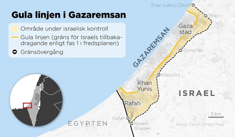 Kartan visar den så kallade "gula linjen" i Gazaremsan.