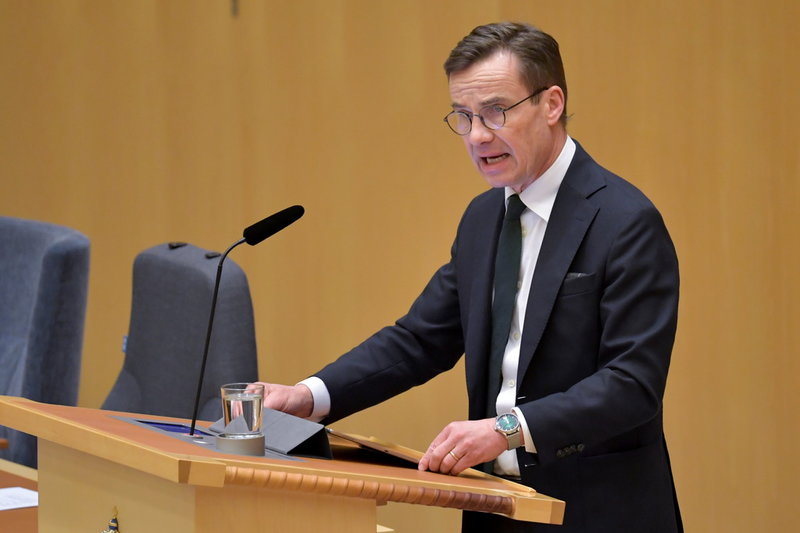 Moderaternas partiledare Ulf Kristersson (M) under dagens partiledardebatt i riksdagen.