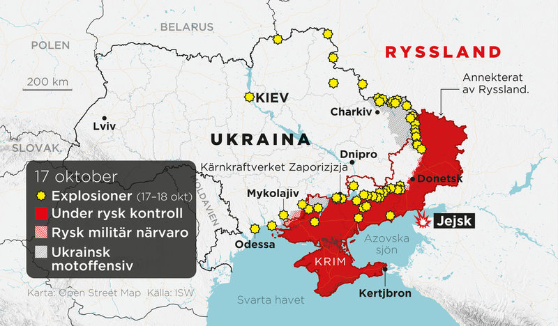 Områden under rysk kontroll, områden med rysk militär närvaro, ukrainska motoffensiver samt 'annekterade' områden.