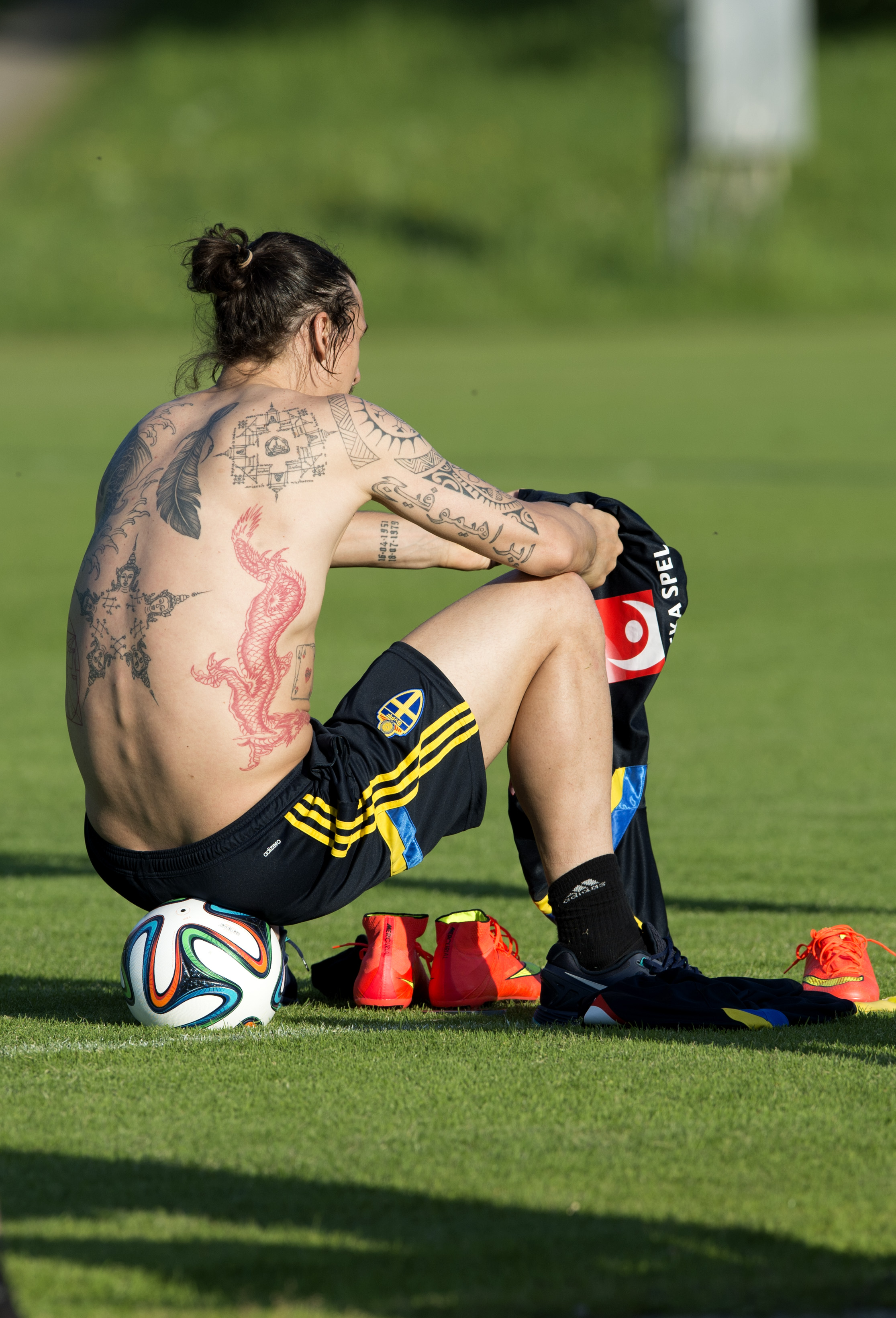 En röd eldsprutande drake syns på Zlatans högra sida. Ibrahimovic har sagt: "I japansk kultur representerar draken en krigare, och jag är en krigare." En röd eldsprutande drake syns på Zlatans högra sida. Ibrahimovic har sagt: "I japansk kultur representerar draken en krigare, och jag är en krigare."