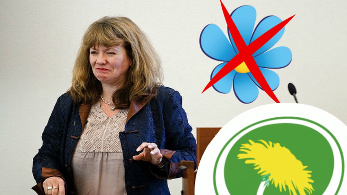 Susanne Nordling. Miljöpartiets logotyp och SDs logotyp, med ett rött kryss över.