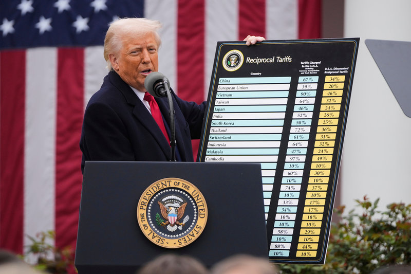 President Donald Trump håller upp sin tabell med strafftullar mot olika länder. Fotot togs på den så kallade "Liberation Day" (befrielsedagen) den 2 april i Vita husets rosenträdgård.