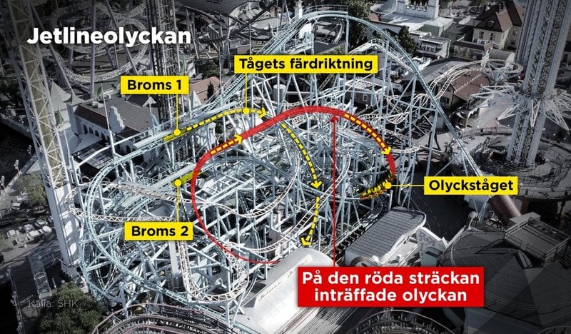 Den röda sträckan på bilden visar var olyckan med tåget inträffade.