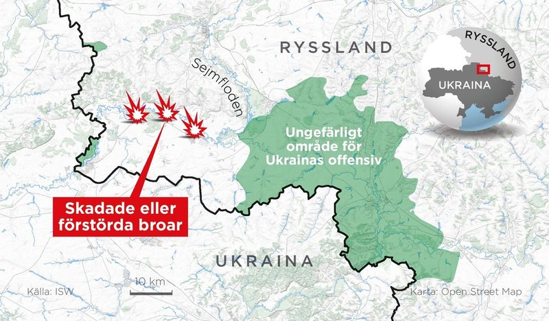 Kartan visar de tre broar som ska ha skadats eller förstörts av ukrainska styrkor under offensiven i Kursk.