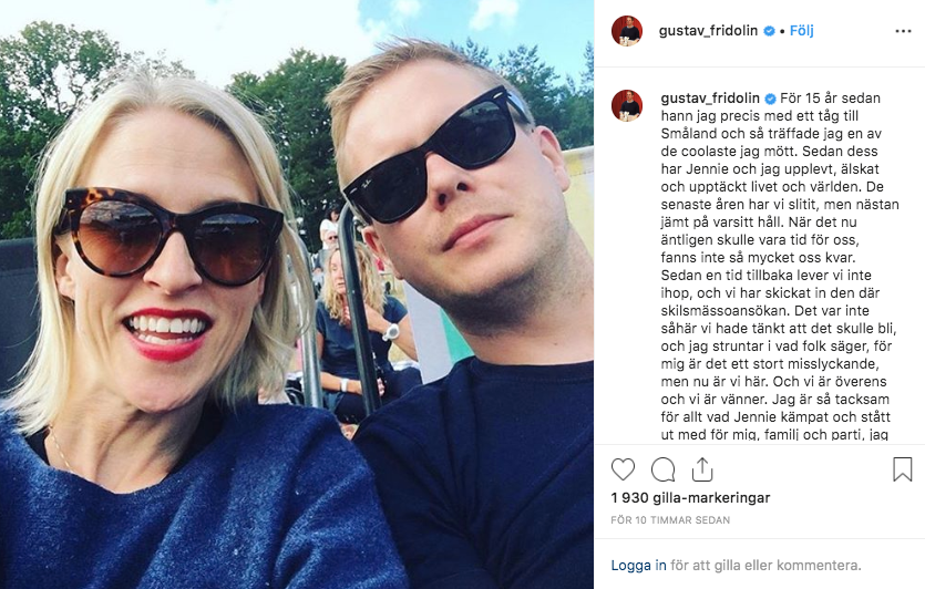 Gustav Fridolin skriver om skilsmässan på Instagram Gustav Fridolin skriver om skilsmässan på Instagram