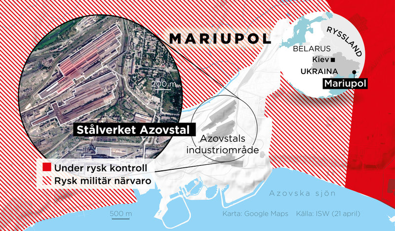Läget runt Azovstals industriområde i Mariupol 21 april.