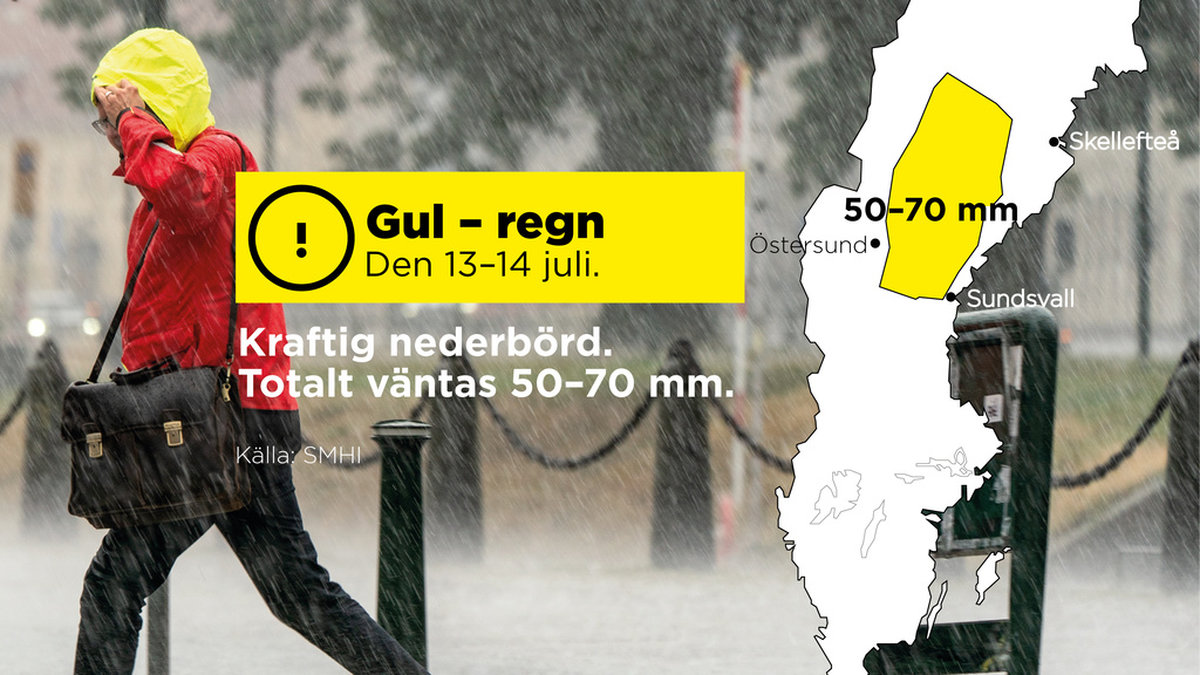 Vädervarning enligt SMHI 13–14 juli. Södra och mellersta Norrland.