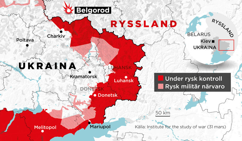 Områden under rysk kontroll samt områden med rysk militär närvaro, 24 februari–31 mars.